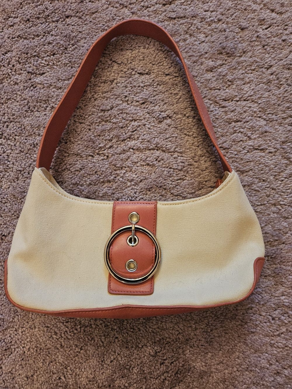 Canvas Shoulder Bag with Faux Leather Trim in Cream and Salmon